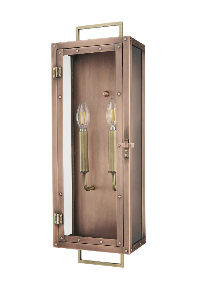 24 in. 2-Light Antique Copper With Brass accents Outdoor Wall Lantern With Clear Glass Panes
