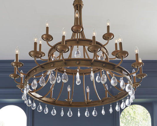 Krista Indoor 24-Light Chandelier W/Crystal Pendants In Antique Gold