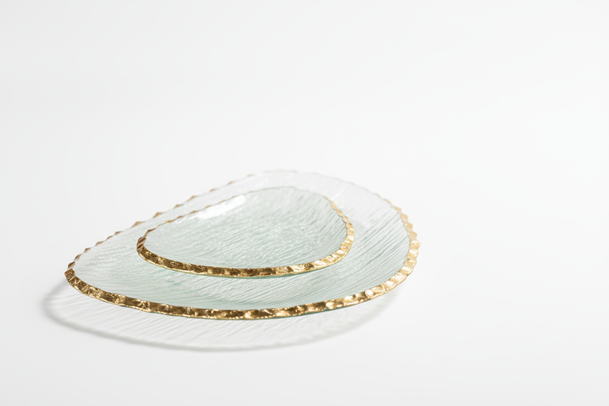 Clear Textured Organic Shape Plate with Jagged Gold Rim