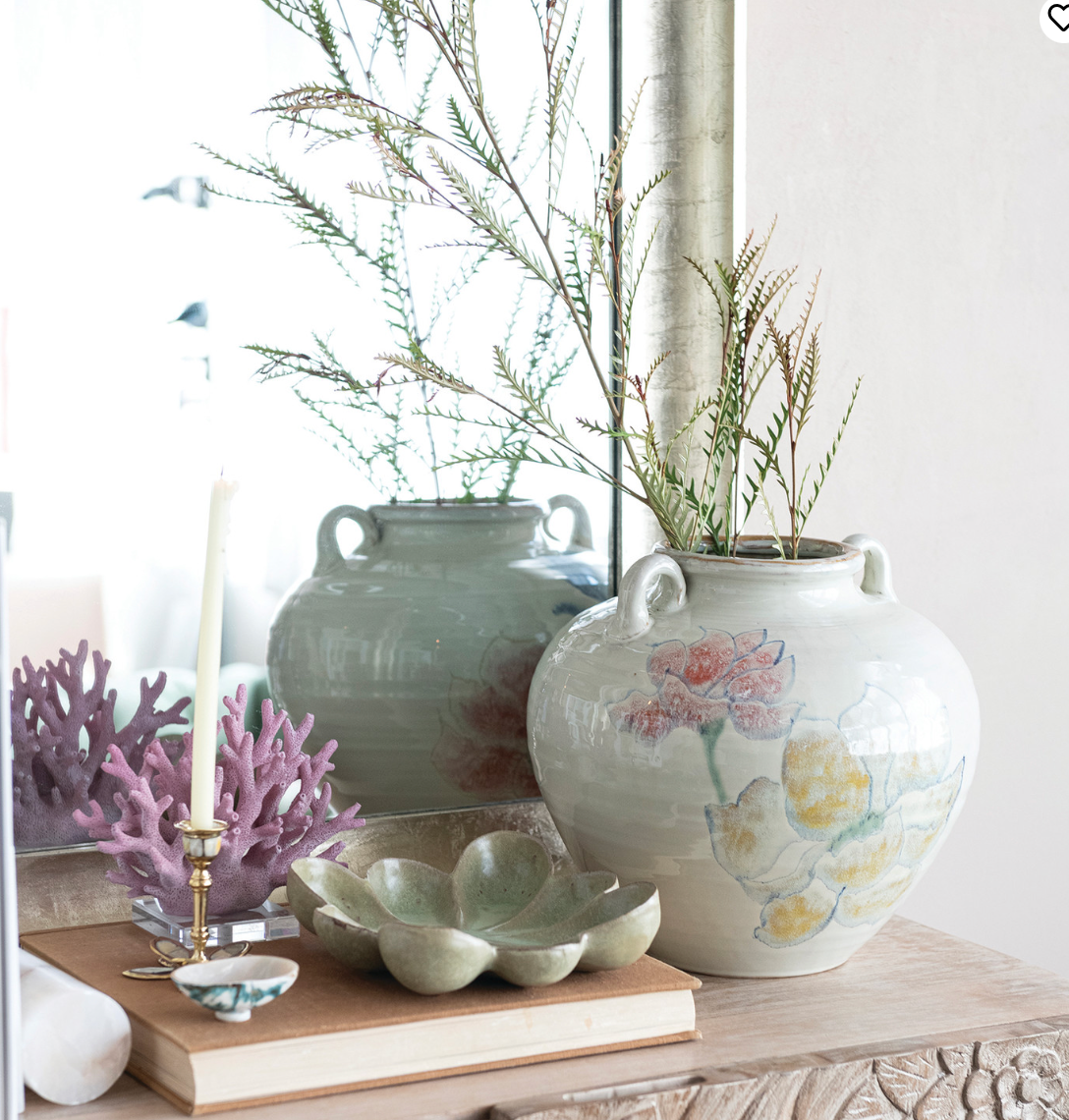 Hand-Painted Stoneware Urn with Flowers