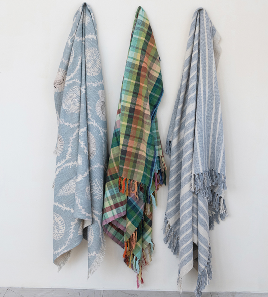 Woven Cotton Throw with Pattern & Fringe Plaid