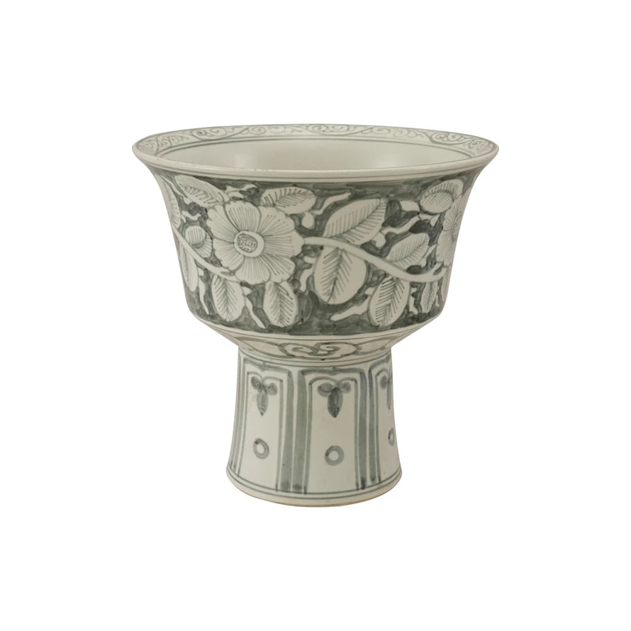 Hand-Painted Stoneware Footed Planter w/ Floral Design