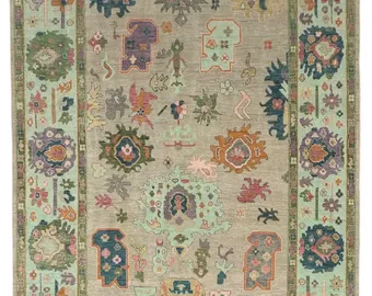 9x12 Green and Beige Oushak Rug
