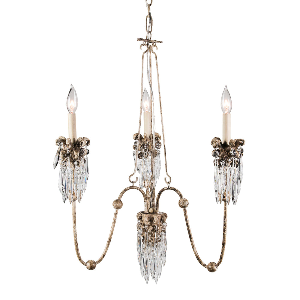 Venetian 3 Light Mini Chandelier in Distressed White Bronze and Crystal