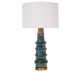 Peacock Green Ceramic Lamp with Brass Accents