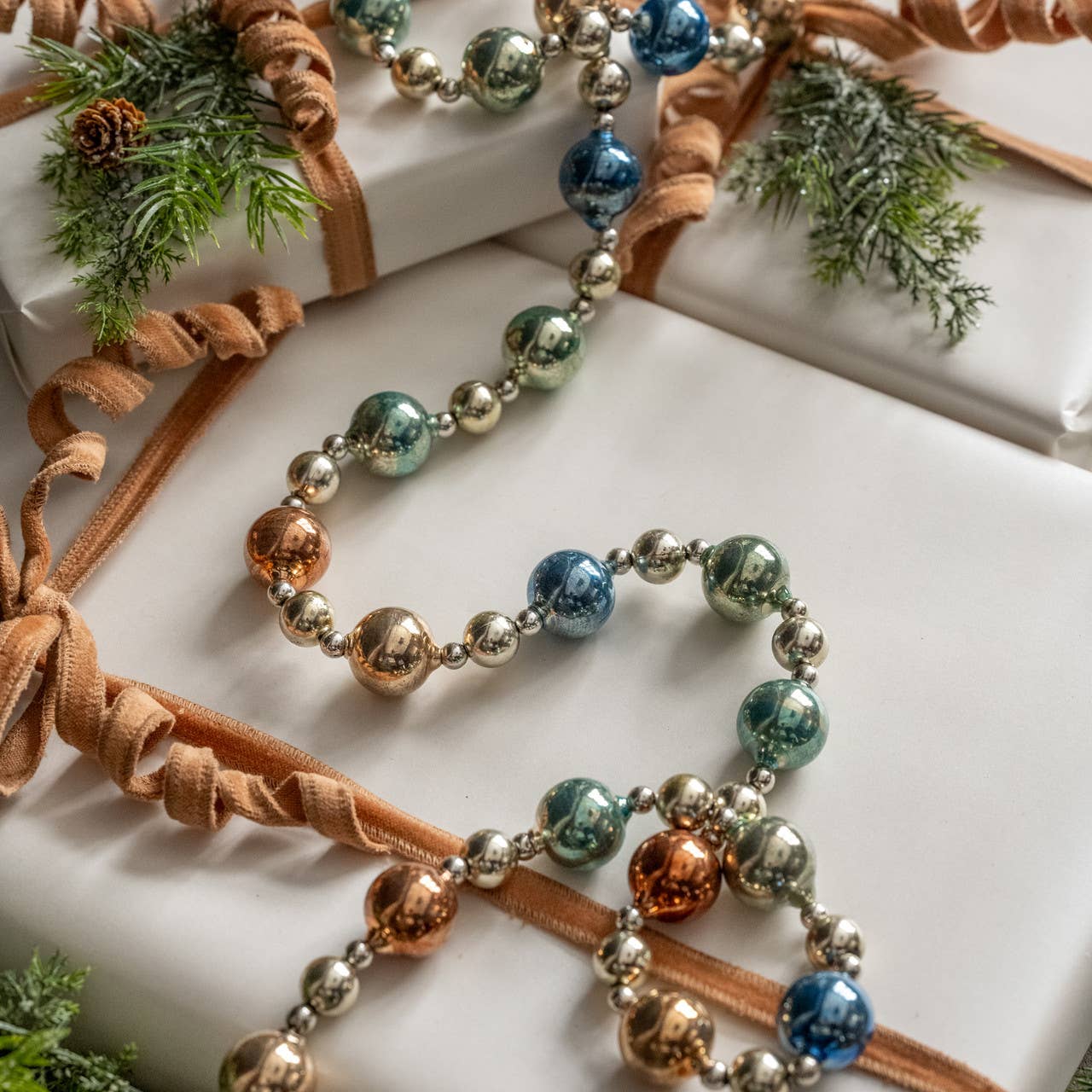 6' BLUE, BRONZE & SILVER BEADED GARLAND