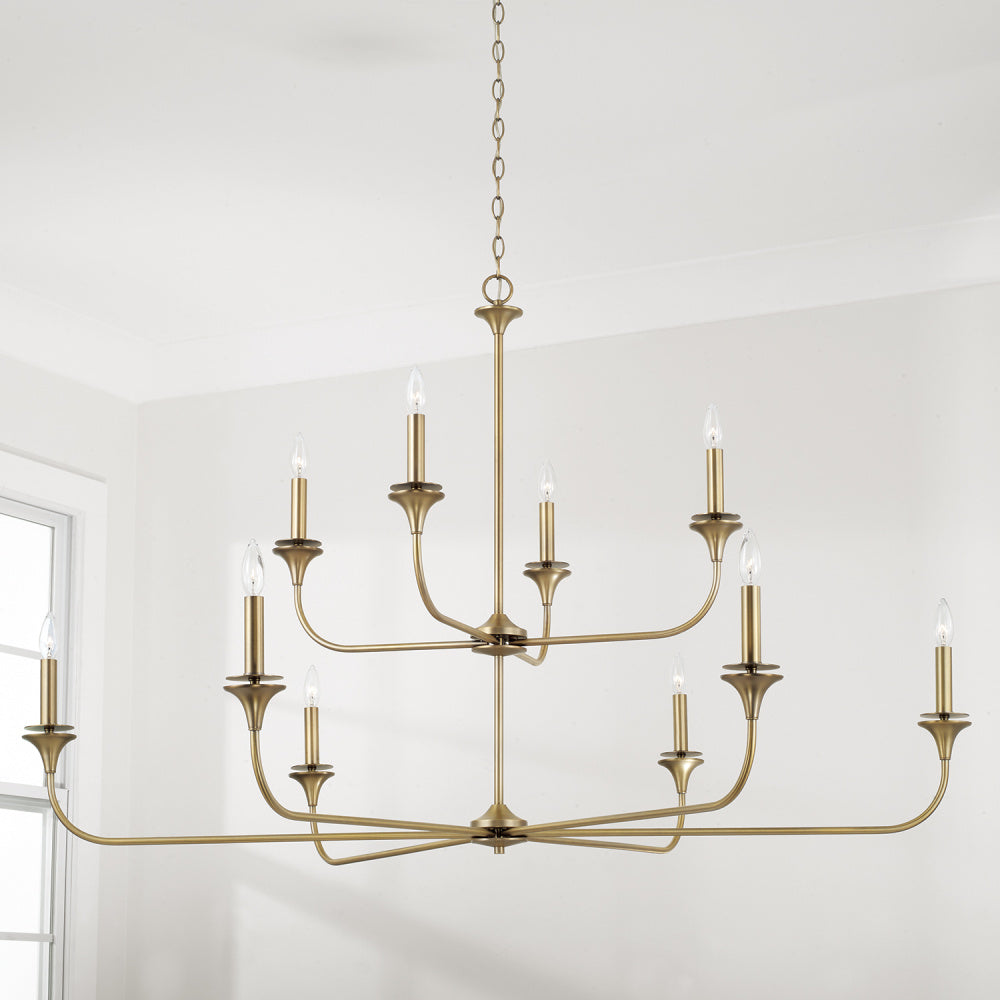 10 LIGHT 2 TIER CHANDELIER IN AGED BRASS