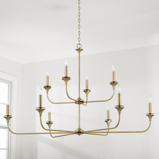 10 LIGHT 2 TIER CHANDELIER IN AGED BRASS