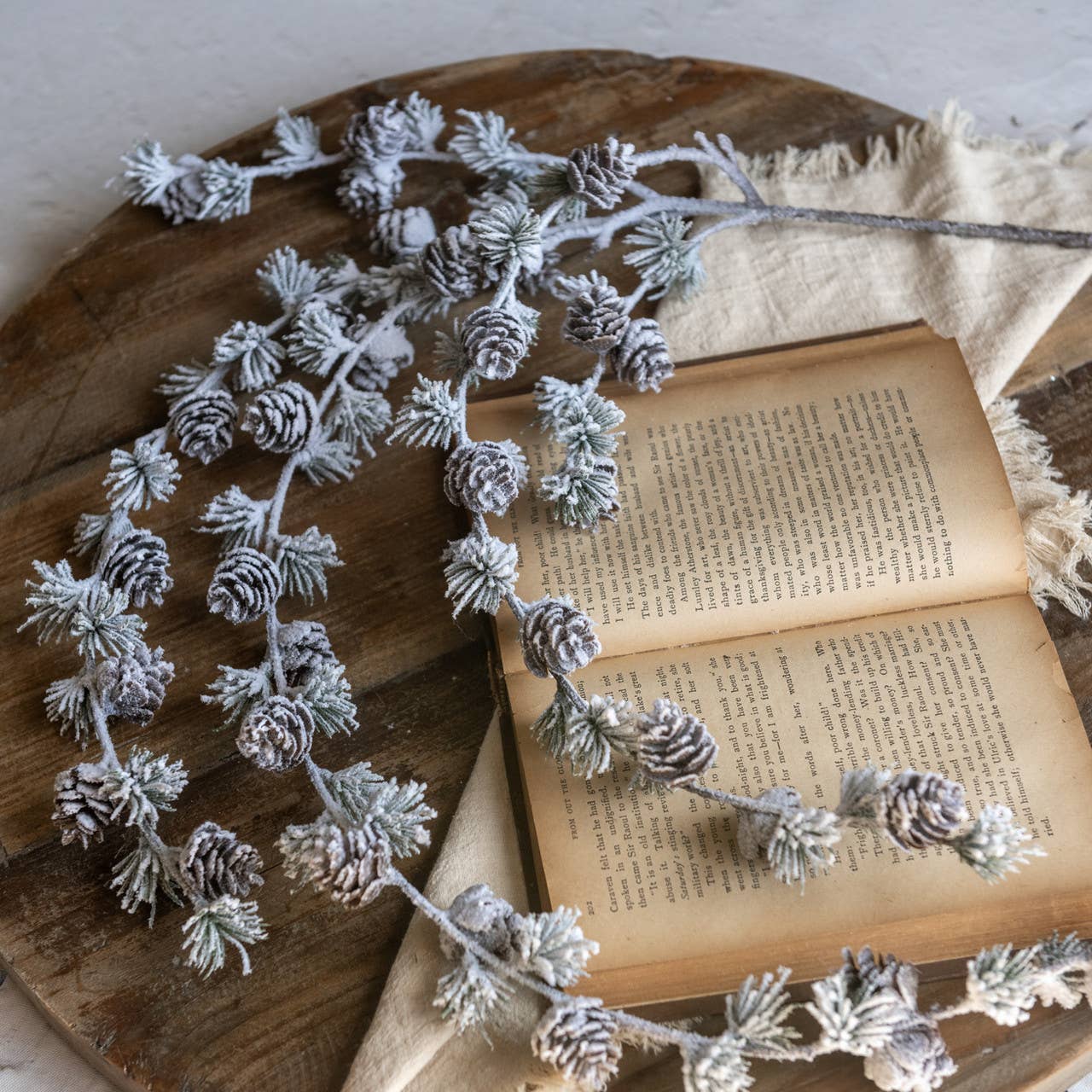 42" DRAPING SNOWY LARCH & PINECONE SPRAY