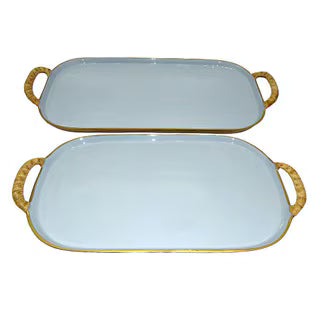 Enamel Metal Tray with Rattan Wrapped Handles