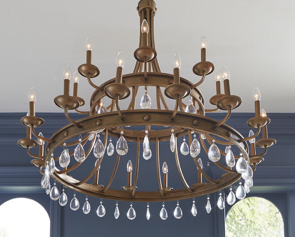 Krista Indoor 24-Light Chandelier W/Crystal Pendants In Antique Gold