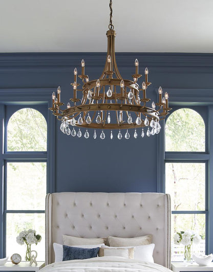 Krista Indoor 24-Light Chandelier W/Crystal Pendants In Antique Gold