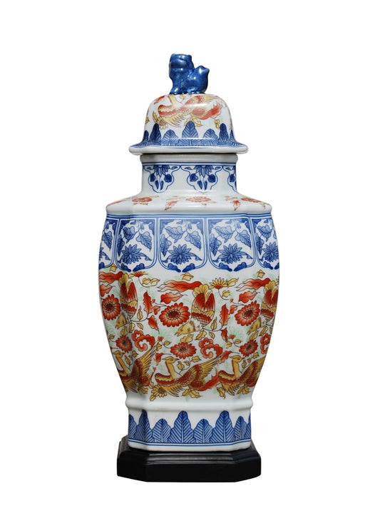 BLUE & WHITE PORCELAIN IMARI SQUARE JAR WITH BASE
