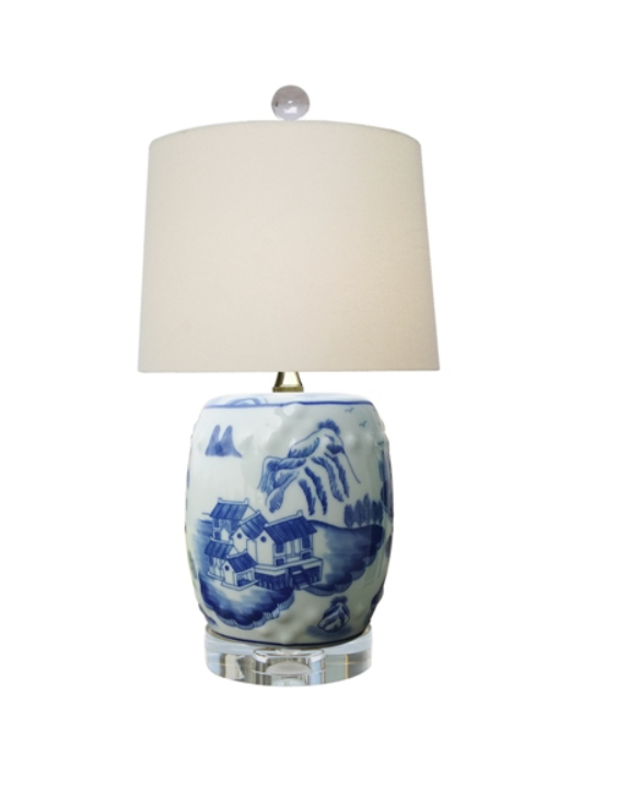 BLUE & WHITE PORCELAIN CANTON DRUM LAMP