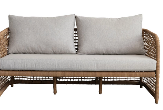 Hand-Woven Wicker Indoor/Outdoor Sofa w/ Fabric Cushion