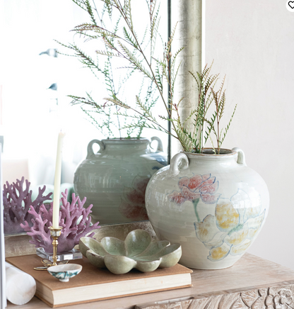 Hand-Painted Stoneware Urn with Flowers