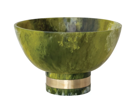 Marbled Resin Footed Bowl with Gold Finish Metal Wrap-Green