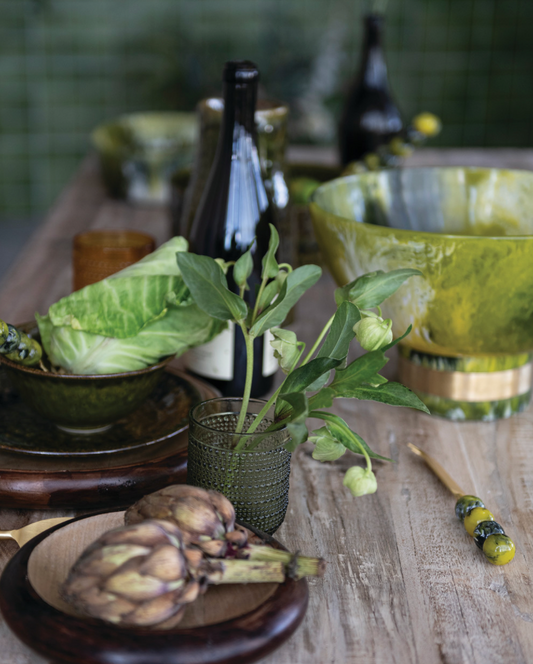 Marbled Resin Footed Bowl with Gold Finish Metal Wrap-Green