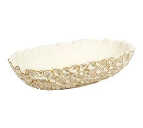 White Oval Swirl Bowl with Gold Accents