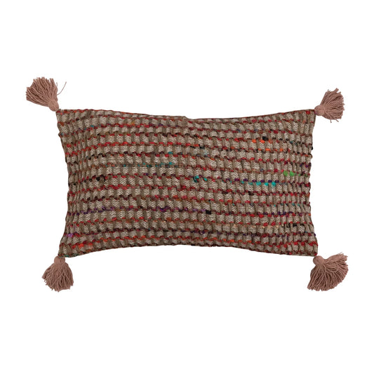 Woven Blend Lumbar Pillow with Tassels and Chambray Back