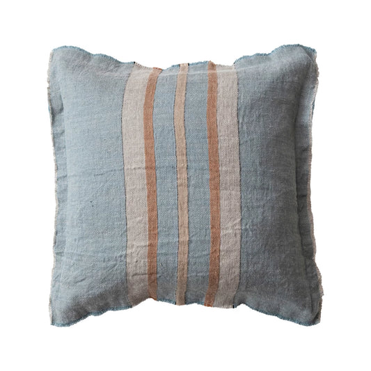 Woven Linen Pillow w/Stripes-Blue,Tan,Cream