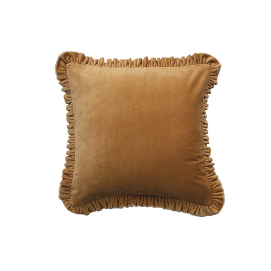 Cotton Velvet Pillow w/Ruffle Trim-Mustard