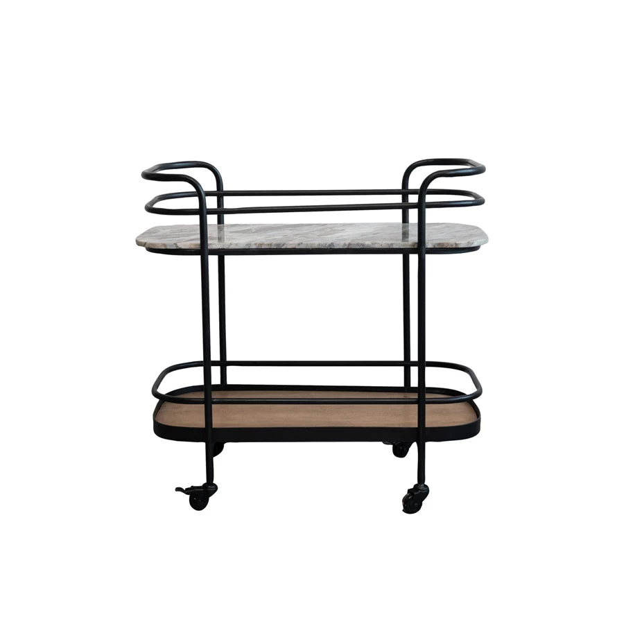2 Tier Bar Cart on Casters-Metal,Marble,Mango Wood