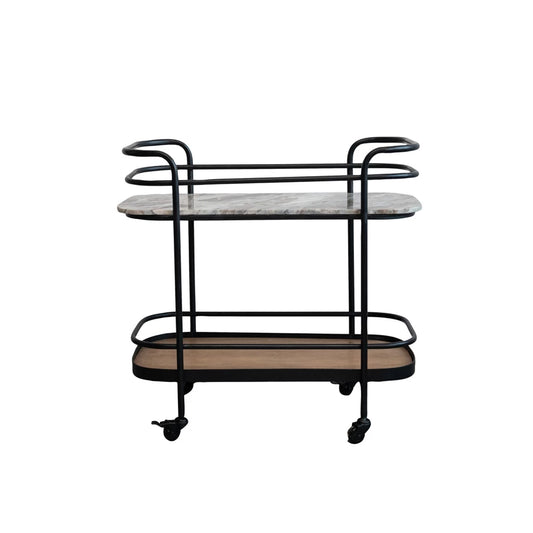 2 Tier Bar Cart on Casters-Metal,Marble,Mango Wood