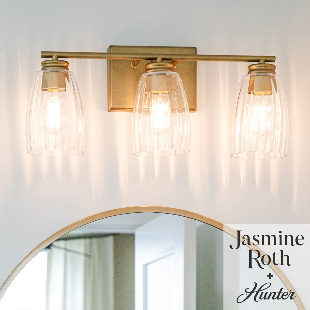 Hunter Rossmoor Luxe Gold with Clear Fluted Glass 3 Light Bathroom Vanity Wall Light Fixture