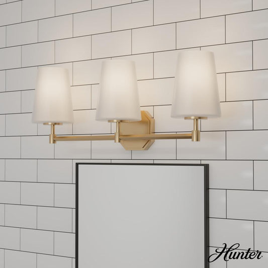 Hunter Nolita Alturas Gold with Cased White Glass 3 Light Bathroom Vanity Wall Light Fixture